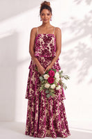 Load image into Gallery viewer, Green Flower Tiered Ruffled Velevt Long Wedding Guest Dress
