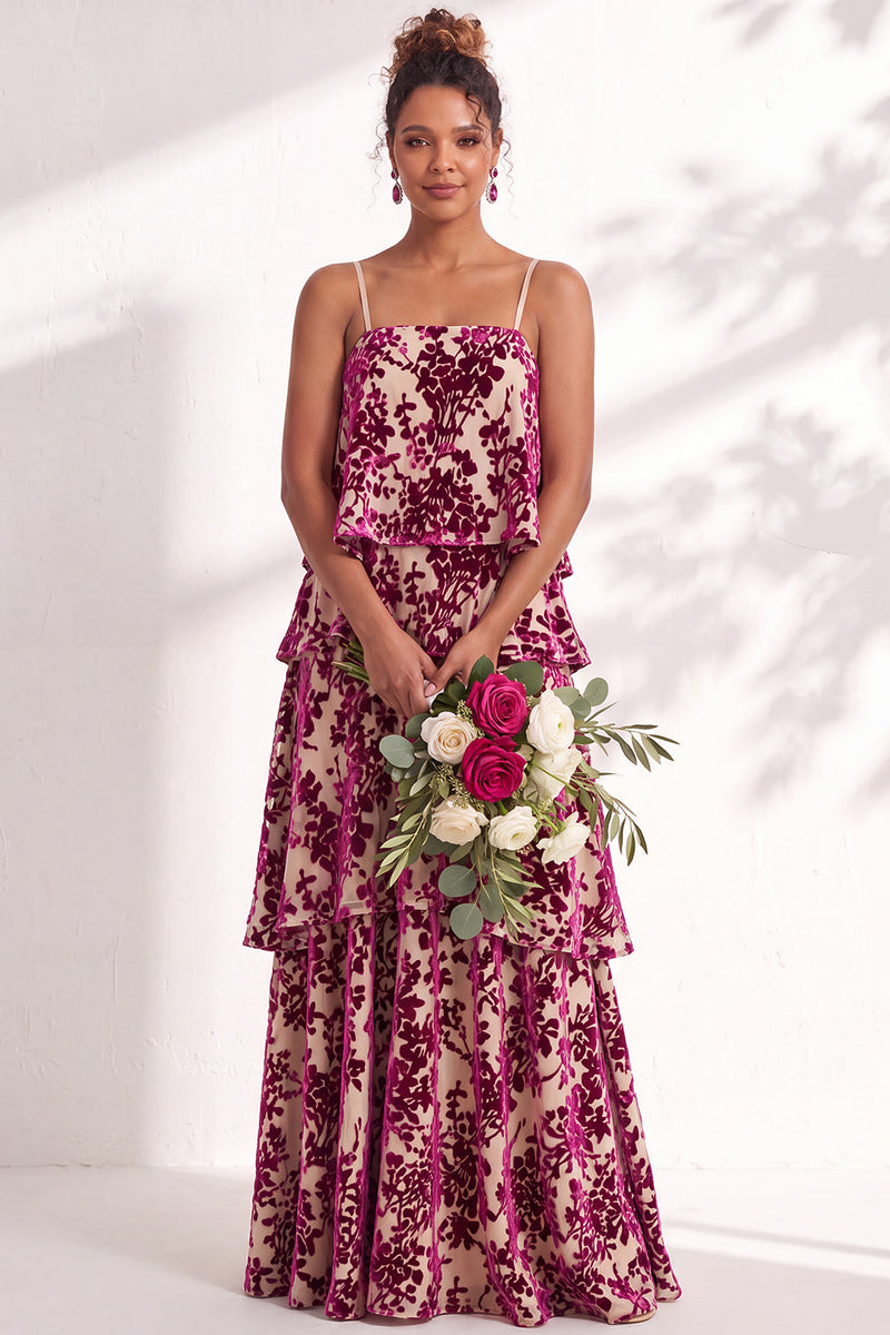 Load image into Gallery viewer, Green Flower Tiered Ruffled Velevt Long Wedding Guest Dress