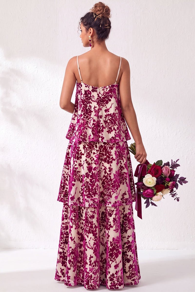 Load image into Gallery viewer, Green Flower Tiered Ruffled Velevt Long Wedding Guest Dress