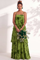 Load image into Gallery viewer, Green Flower Tiered Ruffled Velevt Long Wedding Guest Dress