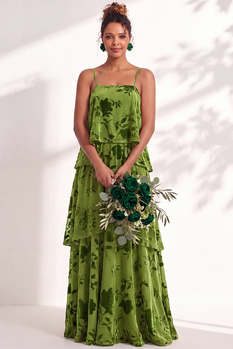 Load image into Gallery viewer, Green Flower Tiered Ruffled Velevt Long Wedding Guest Dress