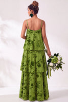 Load image into Gallery viewer, Green Flower Tiered Ruffled Velevt Long Wedding Guest Dress
