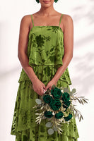 Load image into Gallery viewer, Green Flower Tiered Ruffled Velevt Long Wedding Guest Dress