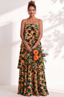 Load image into Gallery viewer, Green Flower Tiered Ruffled Velevt Long Wedding Guest Dress