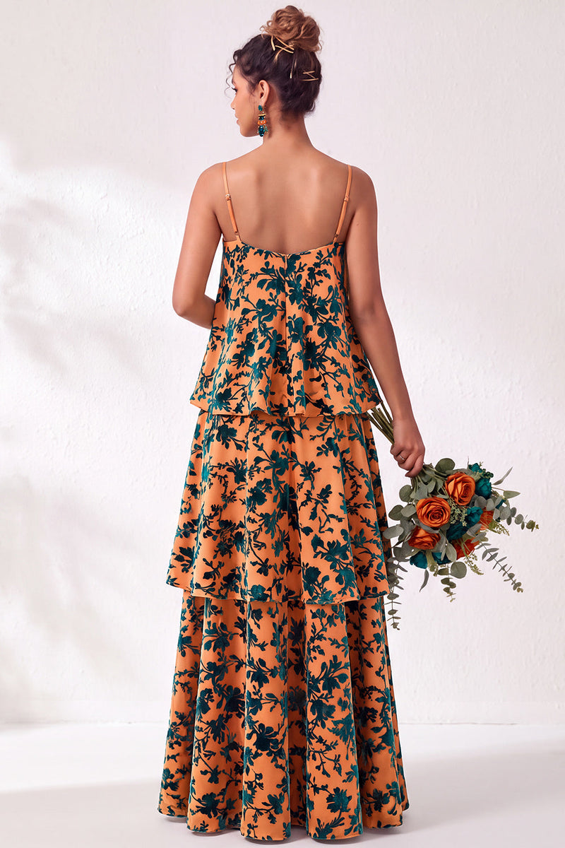 Load image into Gallery viewer, Green Flower Tiered Ruffled Velevt Long Wedding Guest Dress