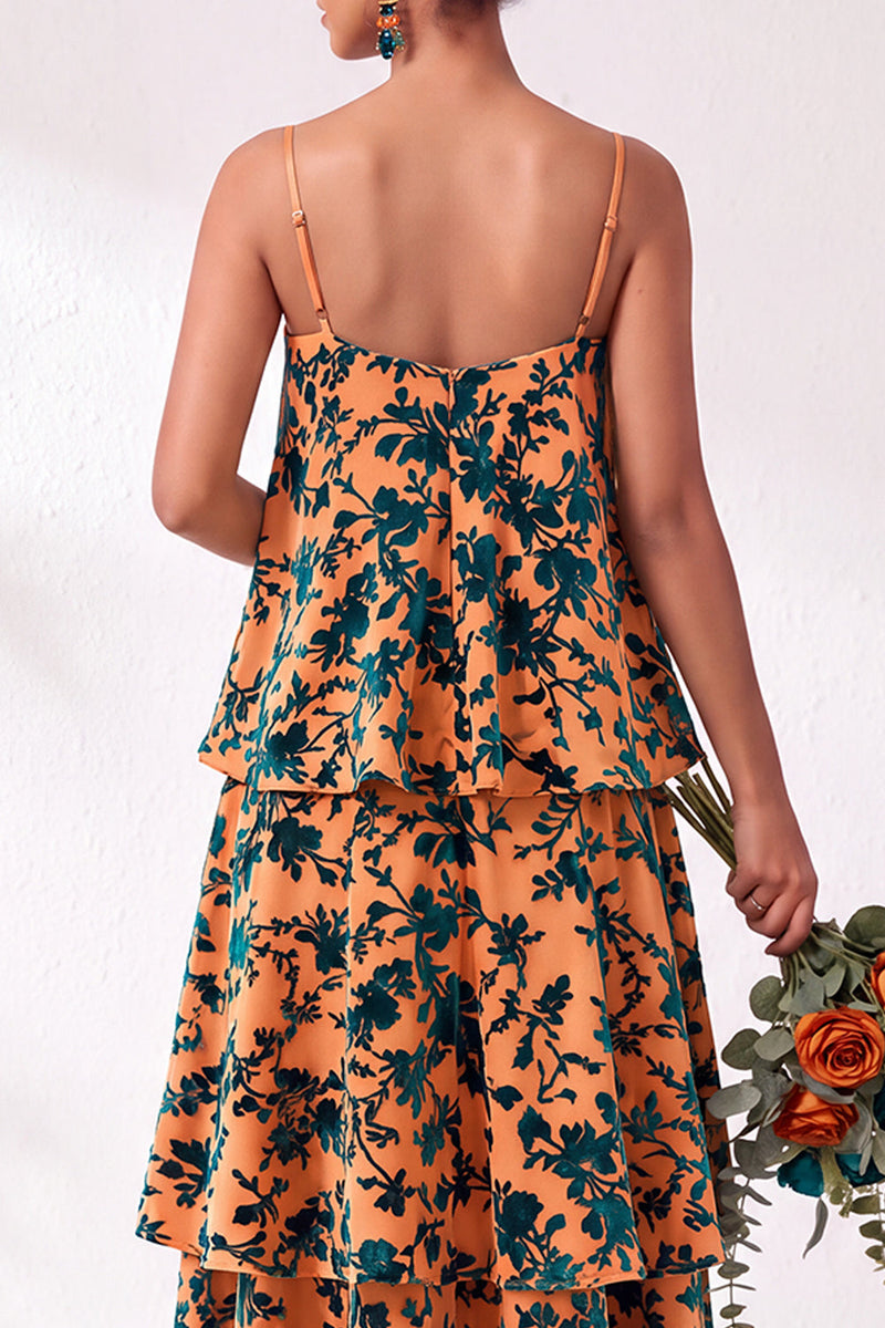 Load image into Gallery viewer, Green Flower Tiered Ruffled Velevt Long Wedding Guest Dress