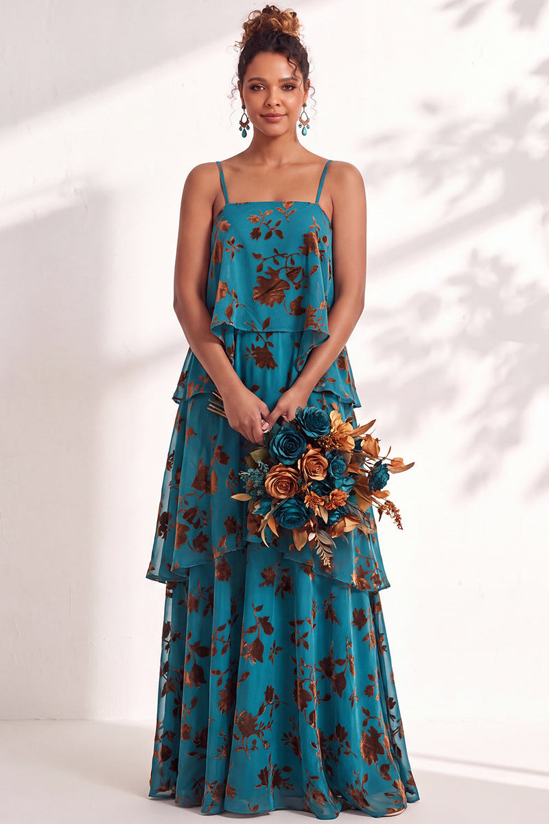 Load image into Gallery viewer, Green Flower Tiered Ruffled Velevt Long Wedding Guest Dress