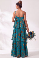 Load image into Gallery viewer, Green Flower Tiered Ruffled Velevt Long Wedding Guest Dress