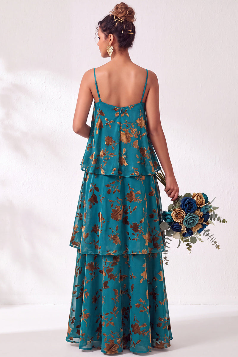 Load image into Gallery viewer, Green Flower Tiered Ruffled Velevt Long Wedding Guest Dress