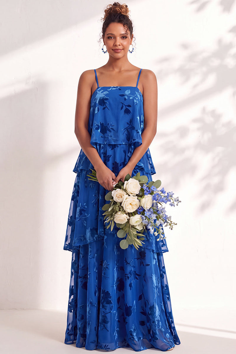 Load image into Gallery viewer, Green Flower Tiered Ruffled Velevt Long Wedding Guest Dress