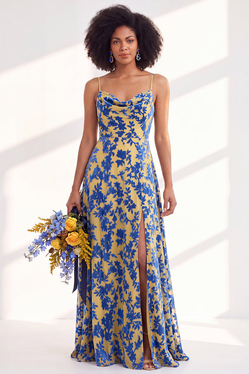 Load image into Gallery viewer, Dusty Purple A-Line Velvet Floral Long Wedding Guest Dress with Slit