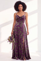 Load image into Gallery viewer, Dusty Purple A-Line Velvet Floral Long Wedding Guest Dress with Slit