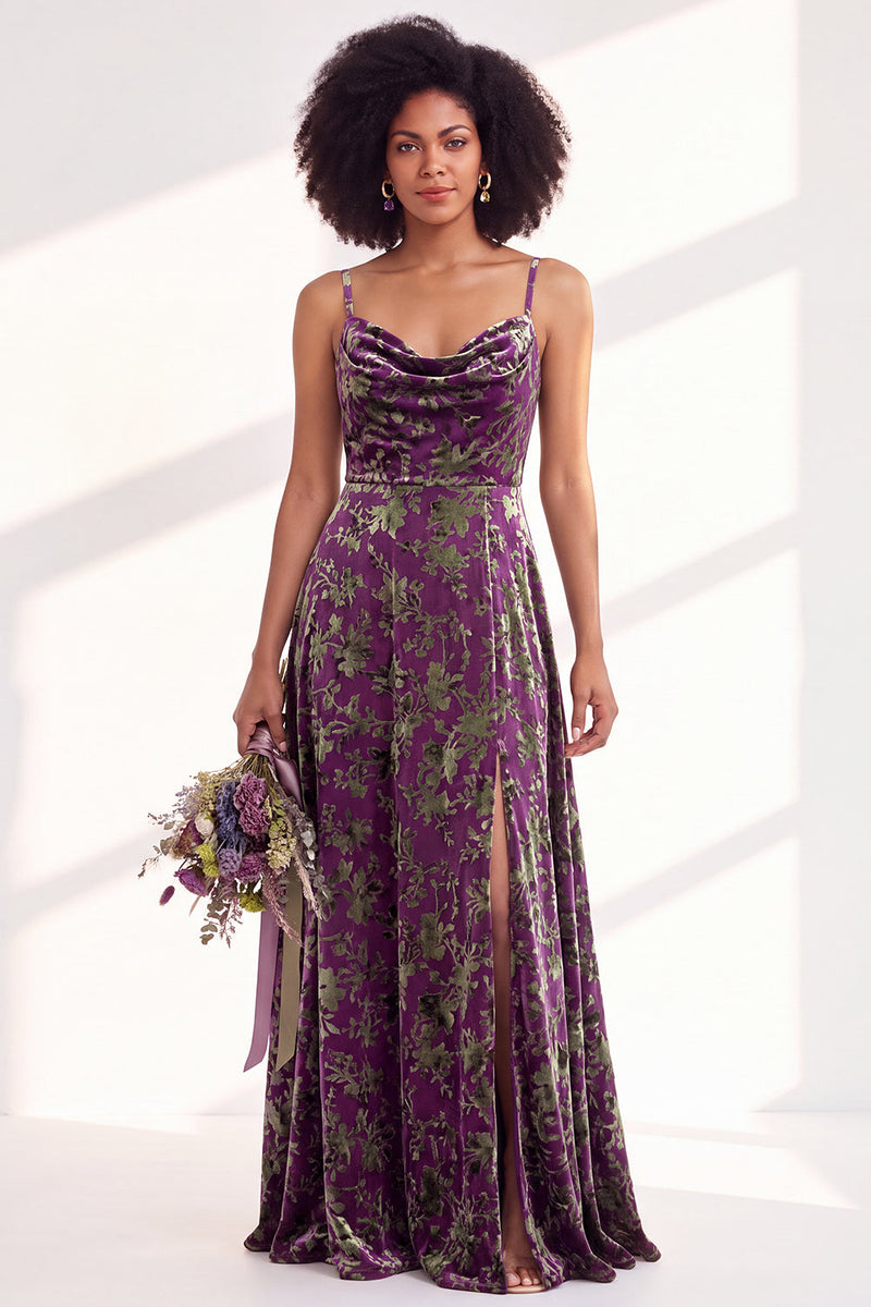 Load image into Gallery viewer, Dusty Purple A-Line Velvet Floral Long Wedding Guest Dress with Slit