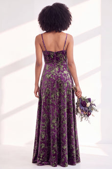 Dusty Purple A-Line Velvet Floral Long Wedding Guest Dress with Slit