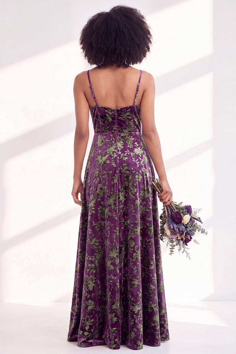 Load image into Gallery viewer, Dusty Purple A-Line Velvet Floral Long Wedding Guest Dress with Slit