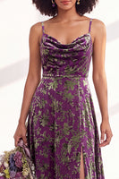 Load image into Gallery viewer, Dusty Purple A-Line Velvet Floral Long Wedding Guest Dress with Slit