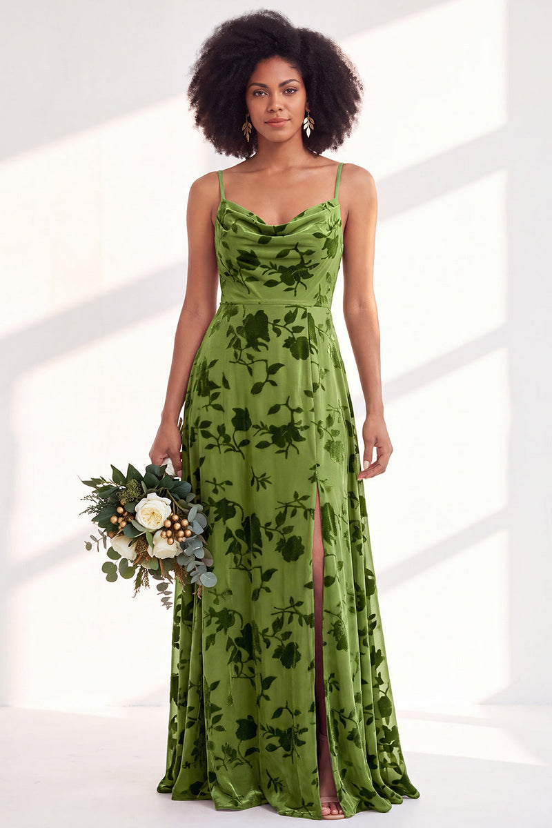 Load image into Gallery viewer, Dusty Purple A-Line Velvet Floral Long Wedding Guest Dress with Slit