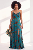 Load image into Gallery viewer, Dusty Purple A-Line Velvet Floral Long Wedding Guest Dress with Slit