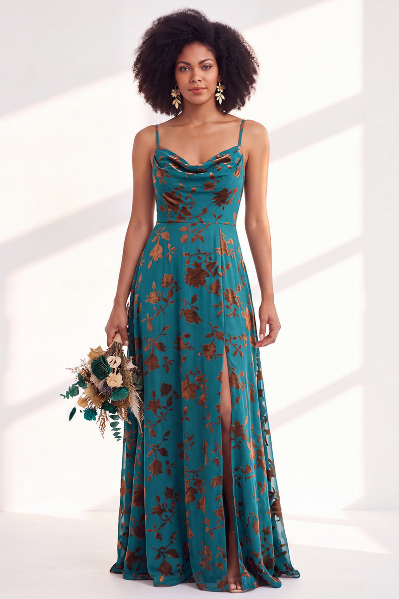 Load image into Gallery viewer, Dusty Purple A-Line Velvet Floral Long Wedding Guest Dress with Slit