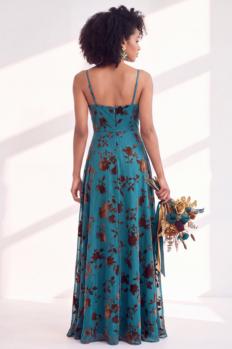 Load image into Gallery viewer, Dusty Purple A-Line Velvet Floral Long Wedding Guest Dress with Slit