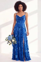 Load image into Gallery viewer, Dusty Purple A-Line Velvet Floral Long Wedding Guest Dress with Slit