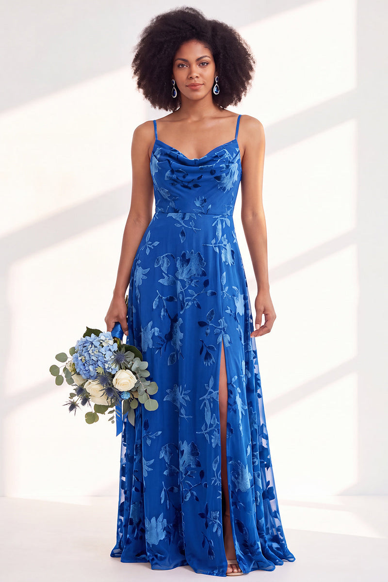 Load image into Gallery viewer, Dusty Purple A-Line Velvet Floral Long Wedding Guest Dress with Slit
