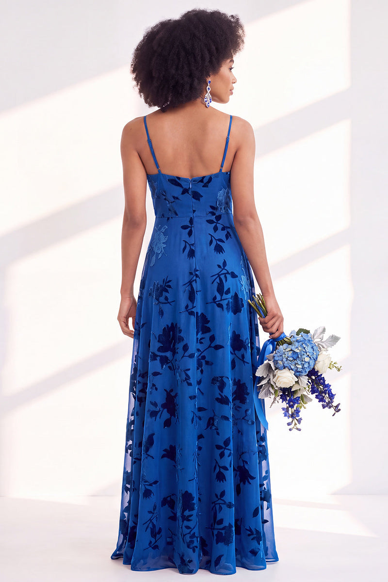 Load image into Gallery viewer, Dusty Purple A-Line Velvet Floral Long Wedding Guest Dress with Slit