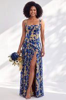 Load image into Gallery viewer, Floral Olive Square Neck Long Wedding Guest Dress with Slit