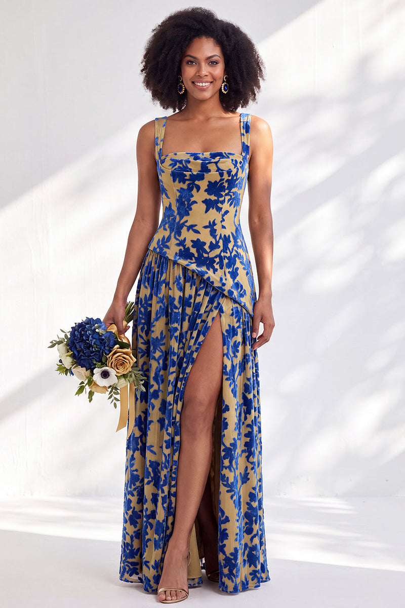 Load image into Gallery viewer, Floral Olive Square Neck Long Wedding Guest Dress with Slit