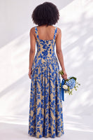 Load image into Gallery viewer, Floral Olive Square Neck Long Wedding Guest Dress with Slit
