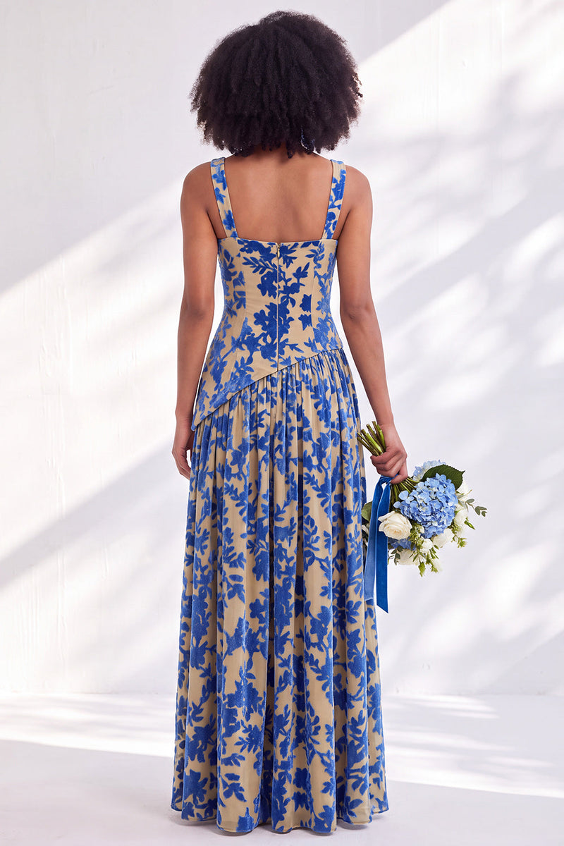 Load image into Gallery viewer, Floral Olive Square Neck Long Wedding Guest Dress with Slit
