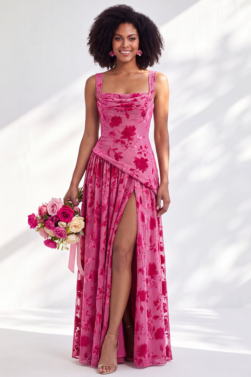 Load image into Gallery viewer, Floral Olive Square Neck Long Wedding Guest Dress with Slit