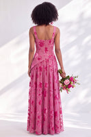 Load image into Gallery viewer, Floral Olive Square Neck Long Wedding Guest Dress with Slit