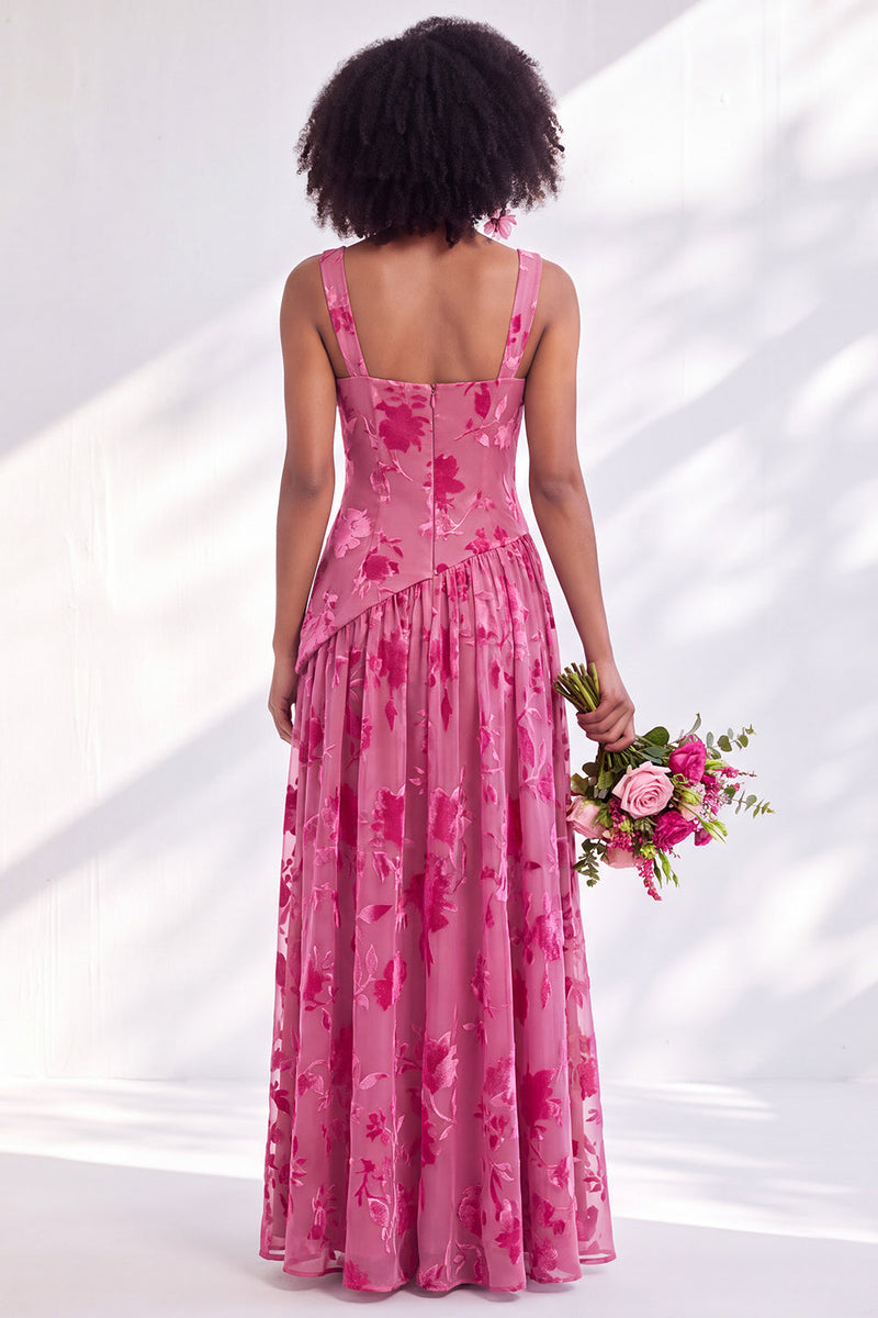 Load image into Gallery viewer, Floral Olive Square Neck Long Wedding Guest Dress with Slit