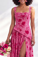 Load image into Gallery viewer, Floral Olive Square Neck Long Wedding Guest Dress with Slit