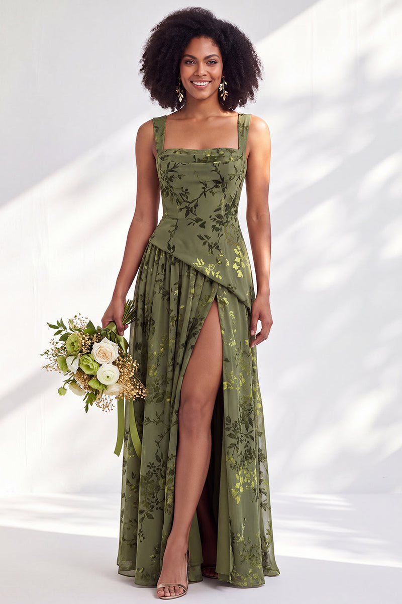 Load image into Gallery viewer, Floral Olive Square Neck Long Wedding Guest Dress with Slit