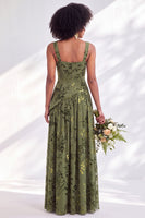 Load image into Gallery viewer, Floral Olive Square Neck Long Wedding Guest Dress with Slit