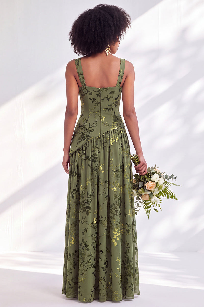 Load image into Gallery viewer, Floral Olive Square Neck Long Wedding Guest Dress with Slit