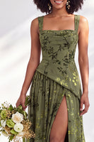 Load image into Gallery viewer, Floral Olive Square Neck Long Wedding Guest Dress with Slit