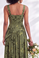 Load image into Gallery viewer, Floral Olive Square Neck Long Wedding Guest Dress with Slit