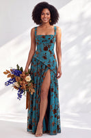 Load image into Gallery viewer, Floral Olive Square Neck Long Wedding Guest Dress with Slit