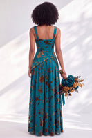 Load image into Gallery viewer, Floral Olive Square Neck Long Wedding Guest Dress with Slit