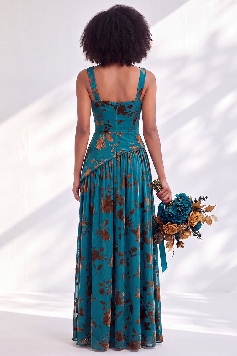 Load image into Gallery viewer, Floral Olive Square Neck Long Wedding Guest Dress with Slit