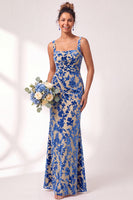 Load image into Gallery viewer, Fuchsia Mermaid Floral Ruched Square Neck Long Wedding Guest Dress