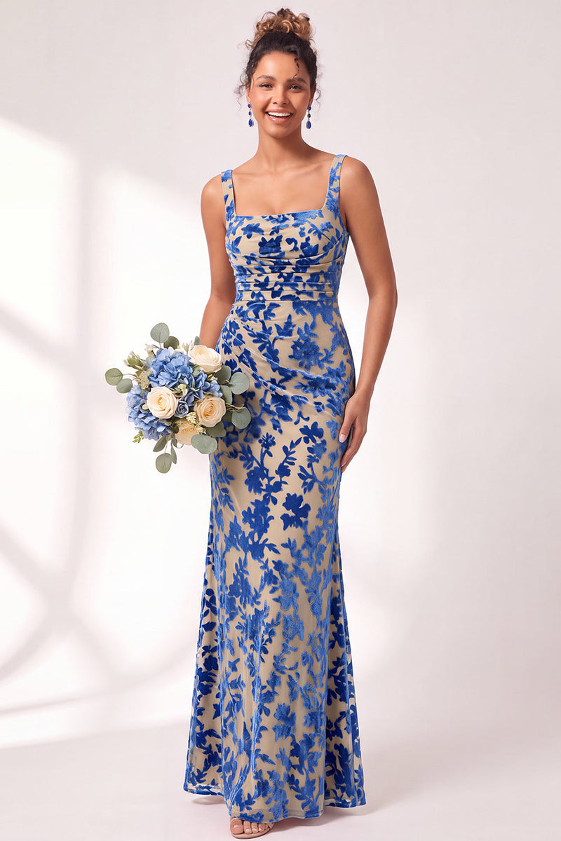 Load image into Gallery viewer, Fuchsia Mermaid Floral Ruched Square Neck Long Wedding Guest Dress