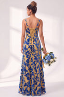 Load image into Gallery viewer, Fuchsia Mermaid Floral Ruched Square Neck Long Wedding Guest Dress
