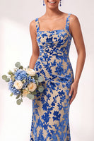 Load image into Gallery viewer, Fuchsia Mermaid Floral Ruched Square Neck Long Wedding Guest Dress