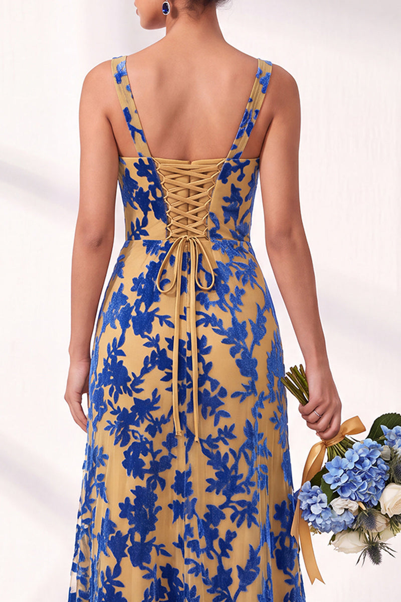 Load image into Gallery viewer, Fuchsia Mermaid Floral Ruched Square Neck Long Wedding Guest Dress