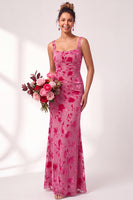 Load image into Gallery viewer, Fuchsia Mermaid Floral Ruched Square Neck Long Wedding Guest Dress