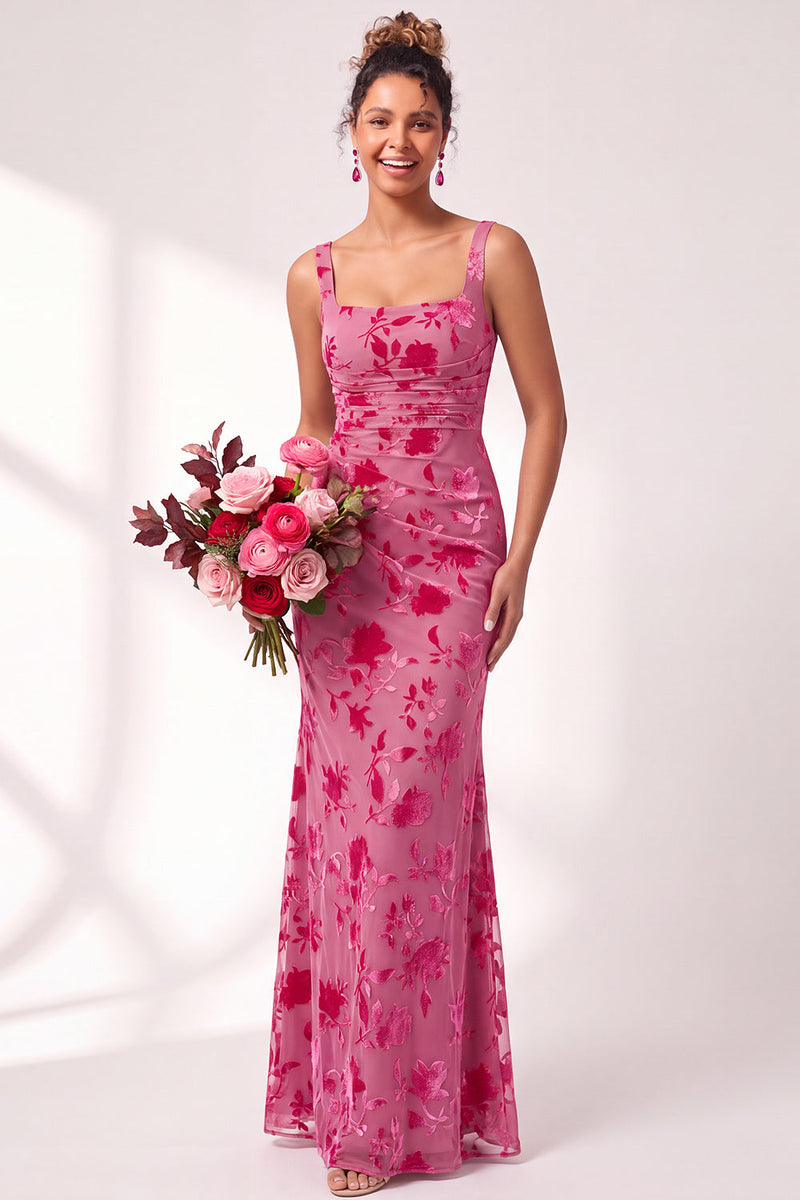 Load image into Gallery viewer, Fuchsia Mermaid Floral Ruched Square Neck Long Wedding Guest Dress
